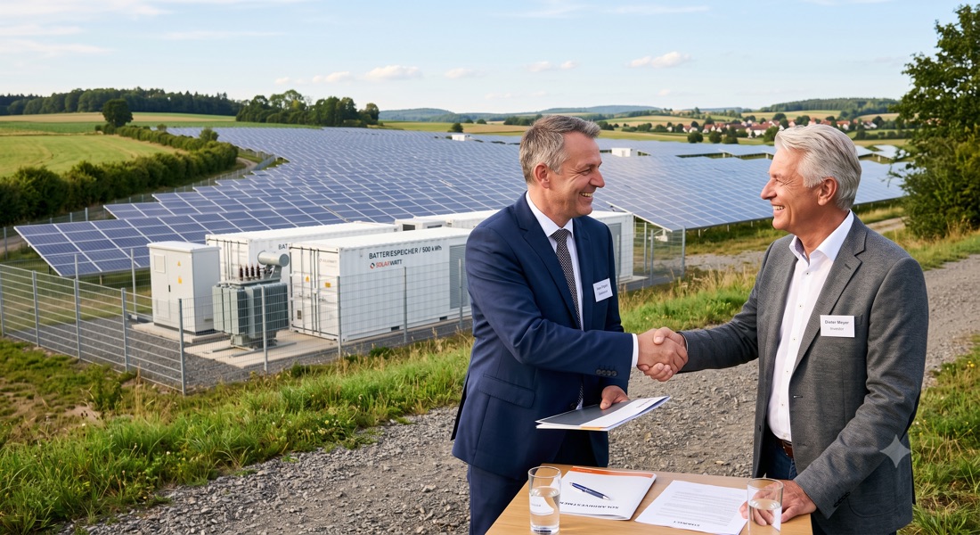 Illustration (KI-generiert): Investor und Projektierer beim Handschlag vor einem Solarpark mit Batteriespeicher